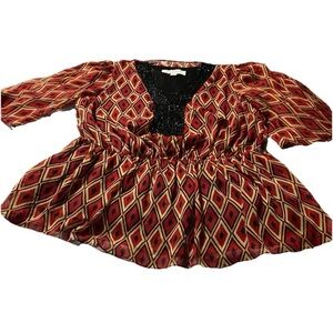 Badgley Mischka Red and Black Blouse with Geometric Pattern